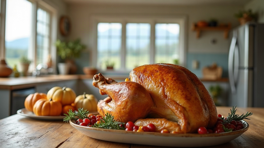 Roasted golden turkey on a wooden table beside autumn squash in a sunny Idaho kitchen