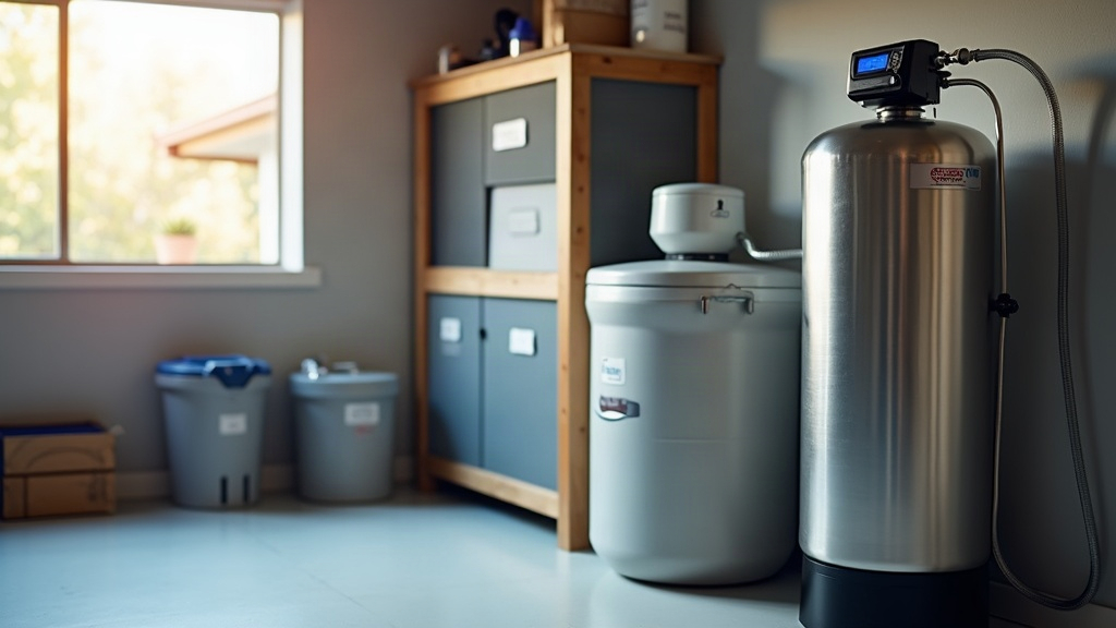 Stainless steel water softener tank and brine tank in a tidy Boise garage utility room