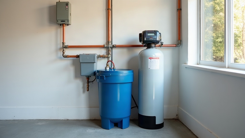 Water softener resin tank, brine tank and copper plumbing in a Boise garage utility room