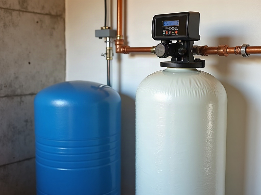 Water softener resin tank and control valve in a Boise Idaho utility room