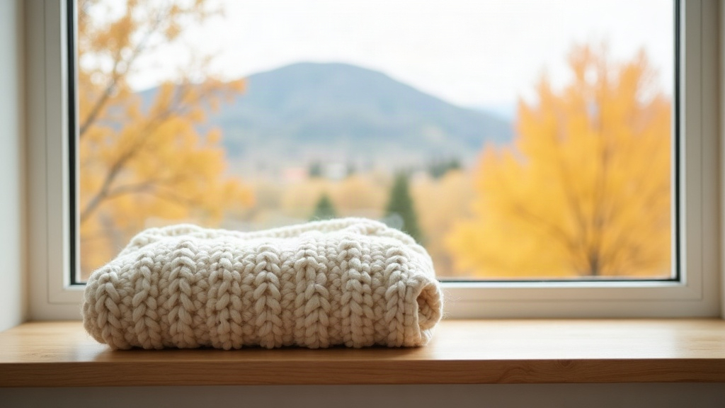 Chunky cream wool sweater folded on a wooden shelf beside a window in a bright Boise home
